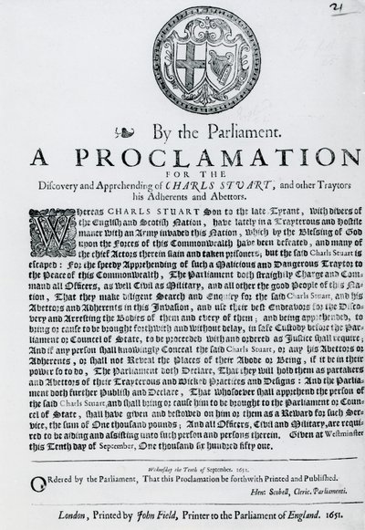 Een Proclamatie door het Parlement voor de Ontdekking en Arrestatie van Charles Stuart en andere Verraders, Aanhangers en Medeplichtigen, gepubliceerd 1651 door English School